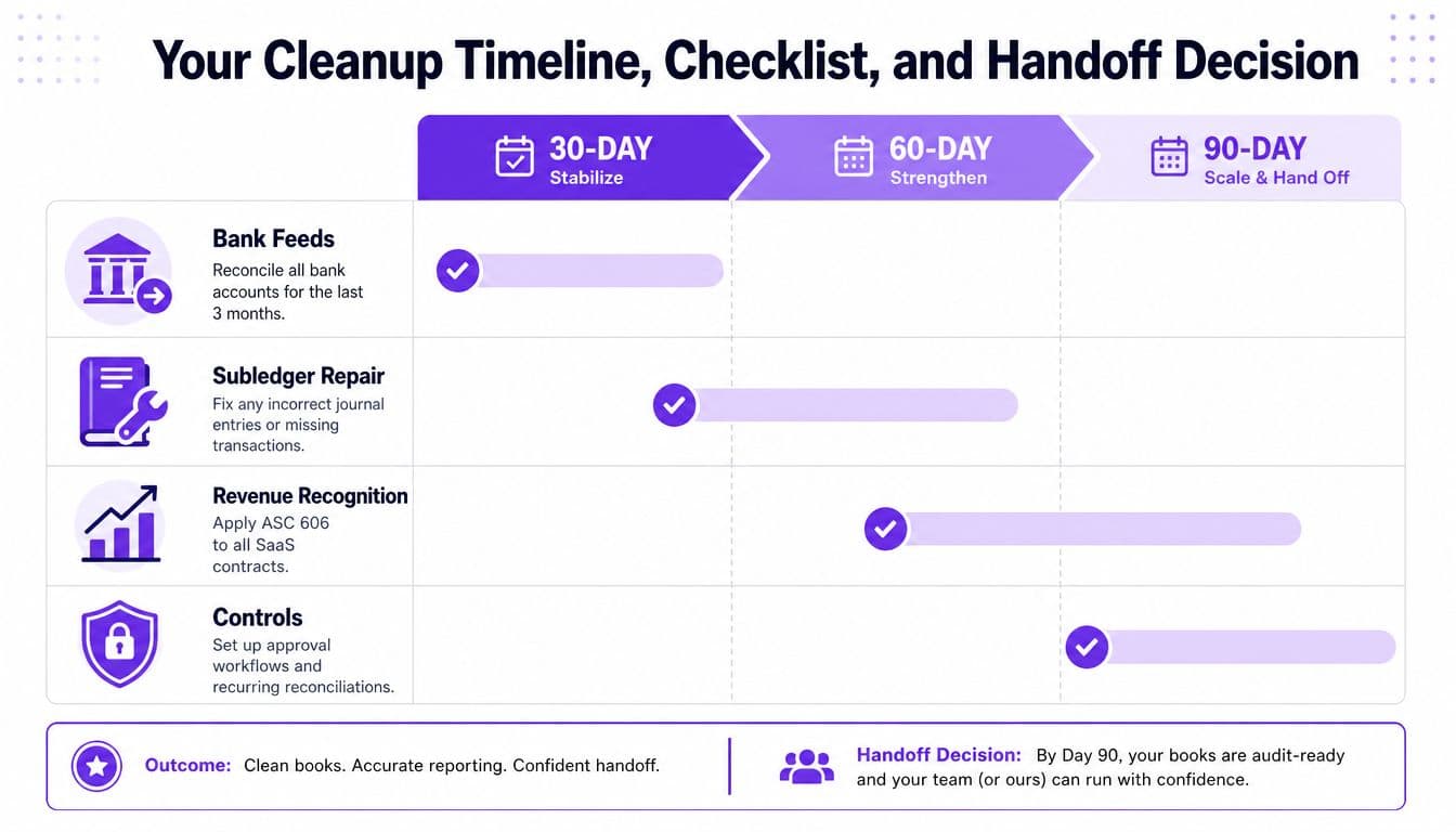 A 90-day accounting cleanup timeline infographic detailing bank reconciliations, subledger repairs, revenue recognition, and internal control implementation.