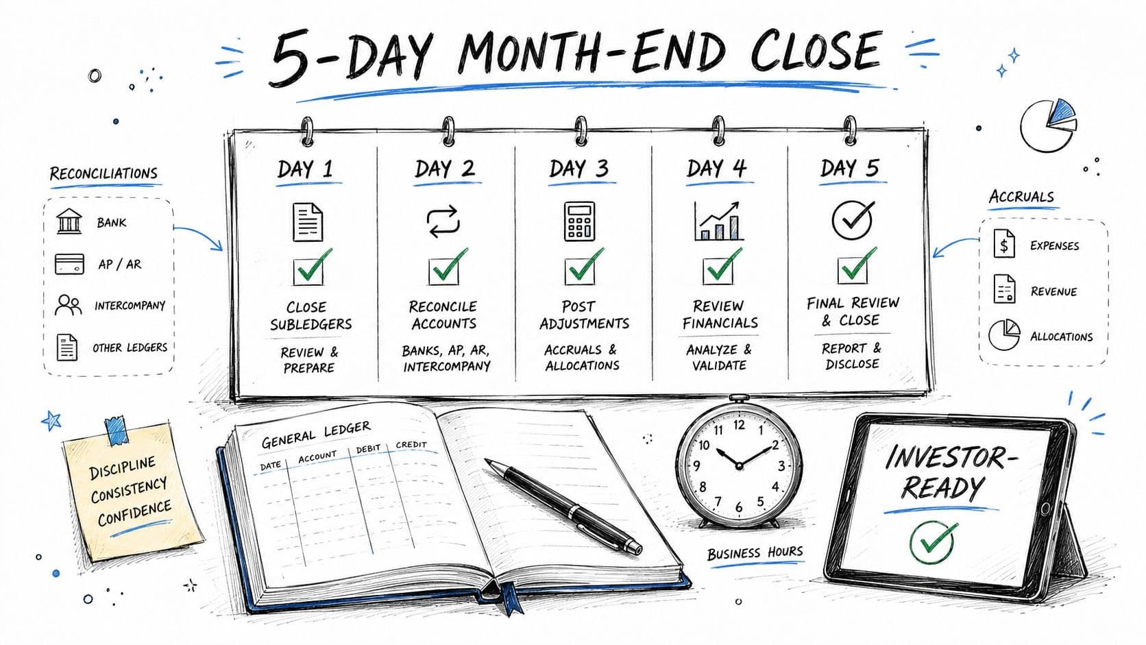 An illustrated 5-day month-end accounting close checklist, detailing financial reconciliation steps, ledger reviews, and reporting preparation tasks.