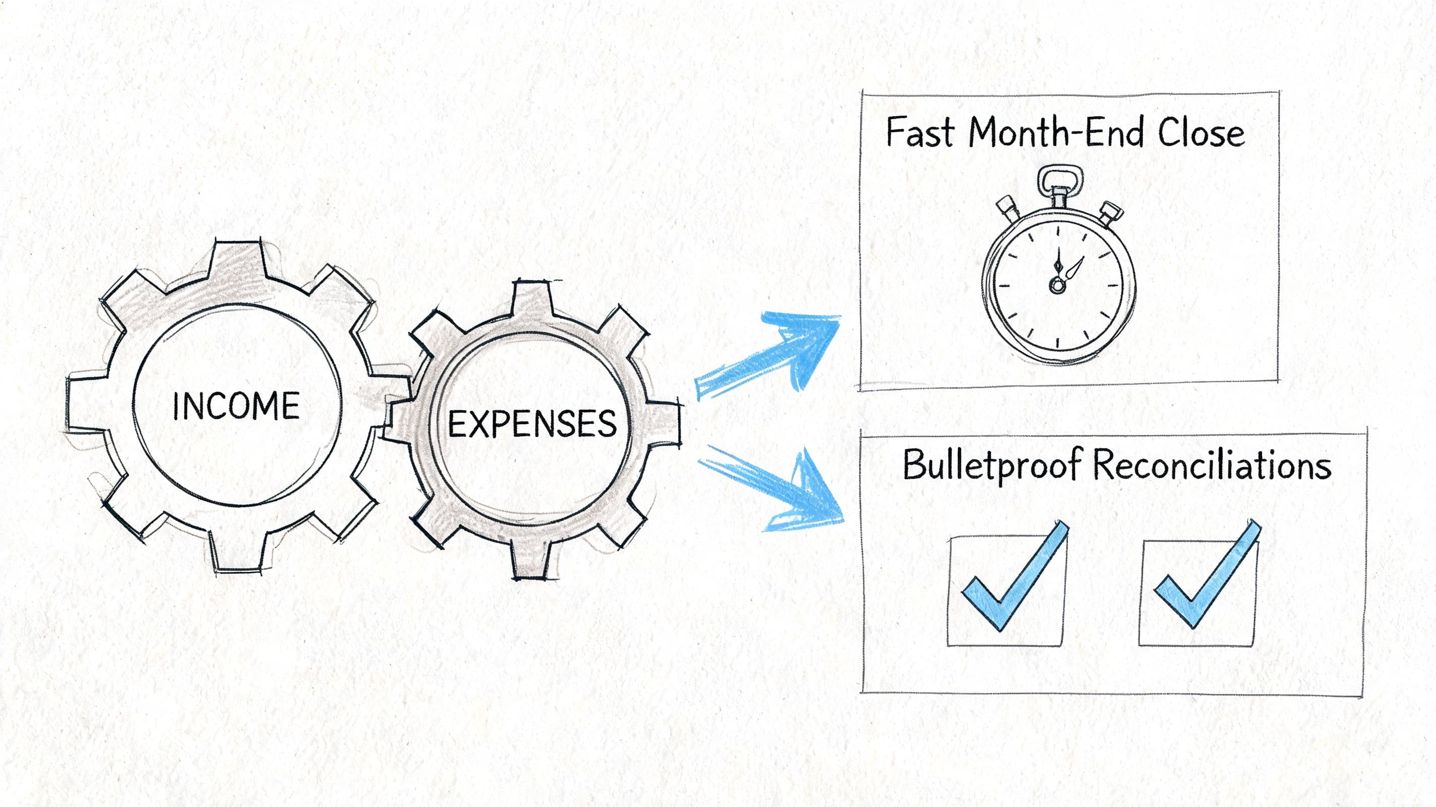 A hand-drawn illustration showing gears labeled Income and Expenses pointing towards fast month-end closing and bulletproof reconciliations.