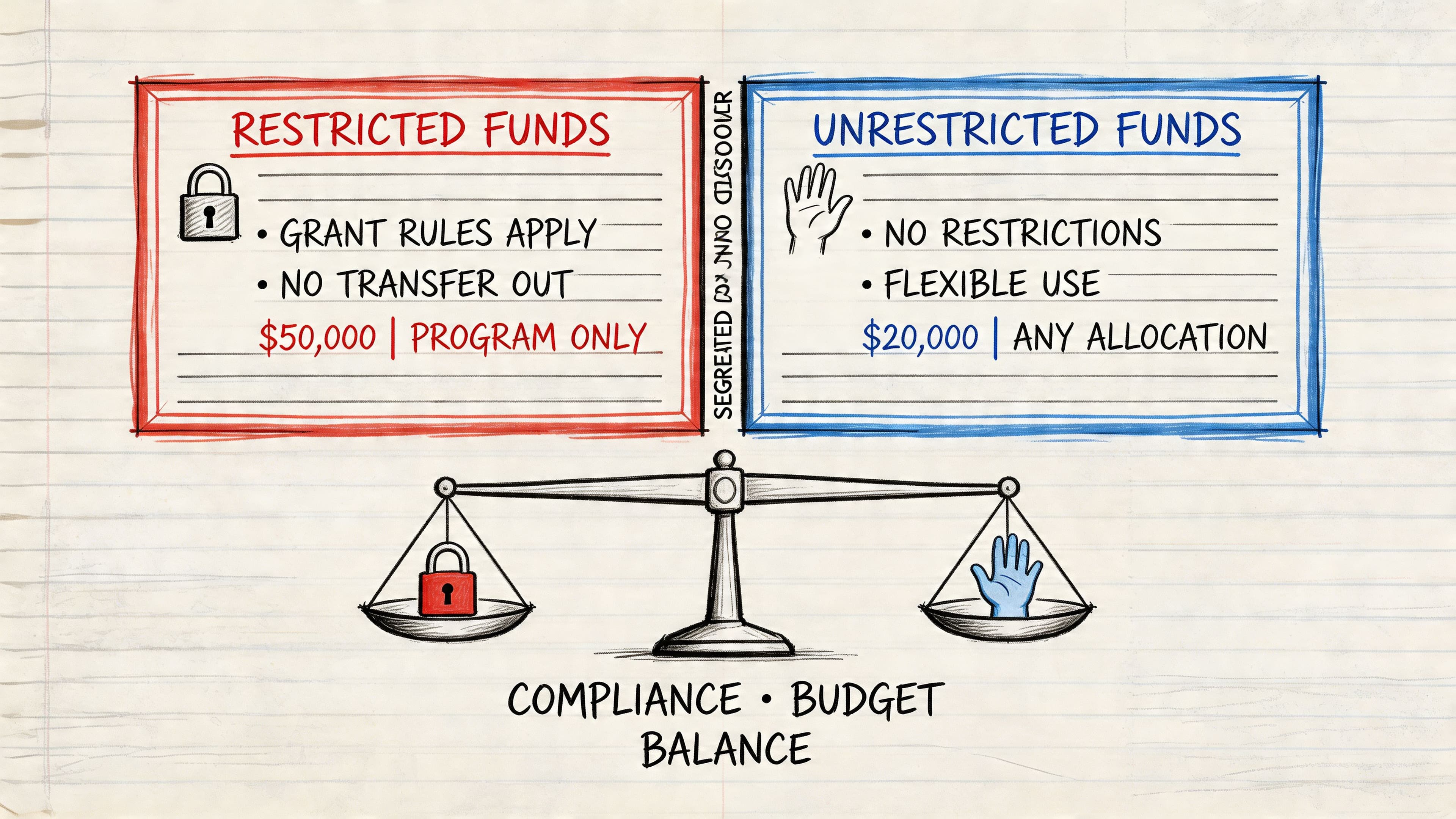 An infographic comparing restricted and unrestricted funds for nonprofits using a balance scale illustration.