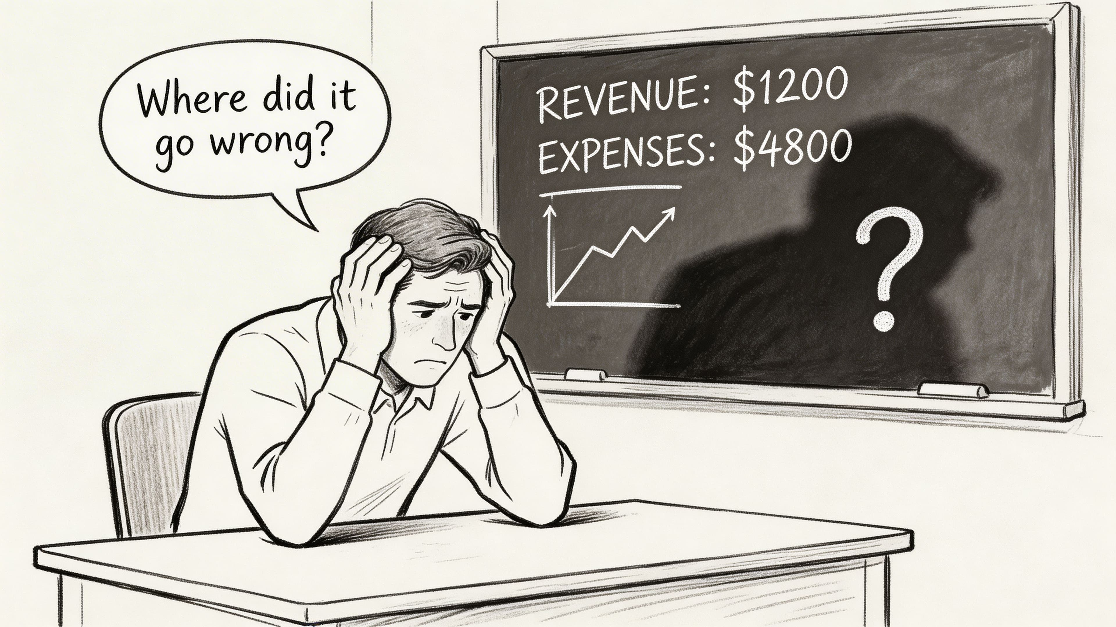 Stressed businessman sitting at a desk with financial loss displayed on a chalkboard behind him.