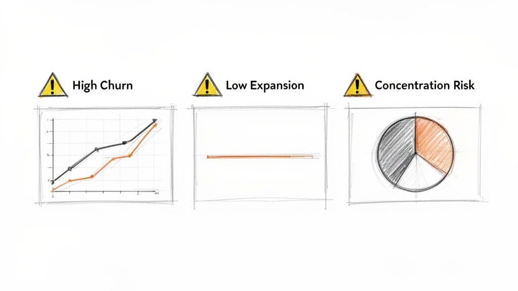 Three warning signs with charts illustrating high churn, low expansion, and concentration risk in business.