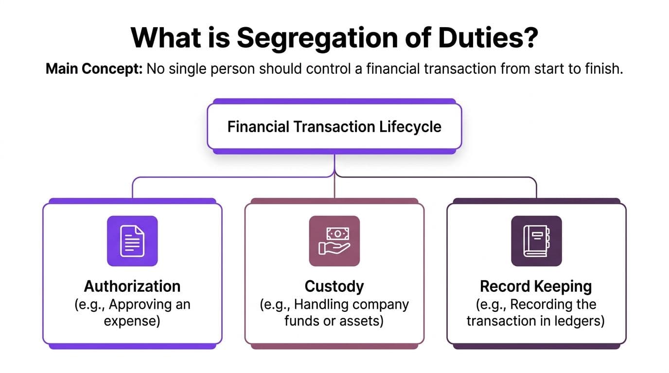 A diagram illustrating the concept of segregation of duties across authorization, custody, and record keeping functions.