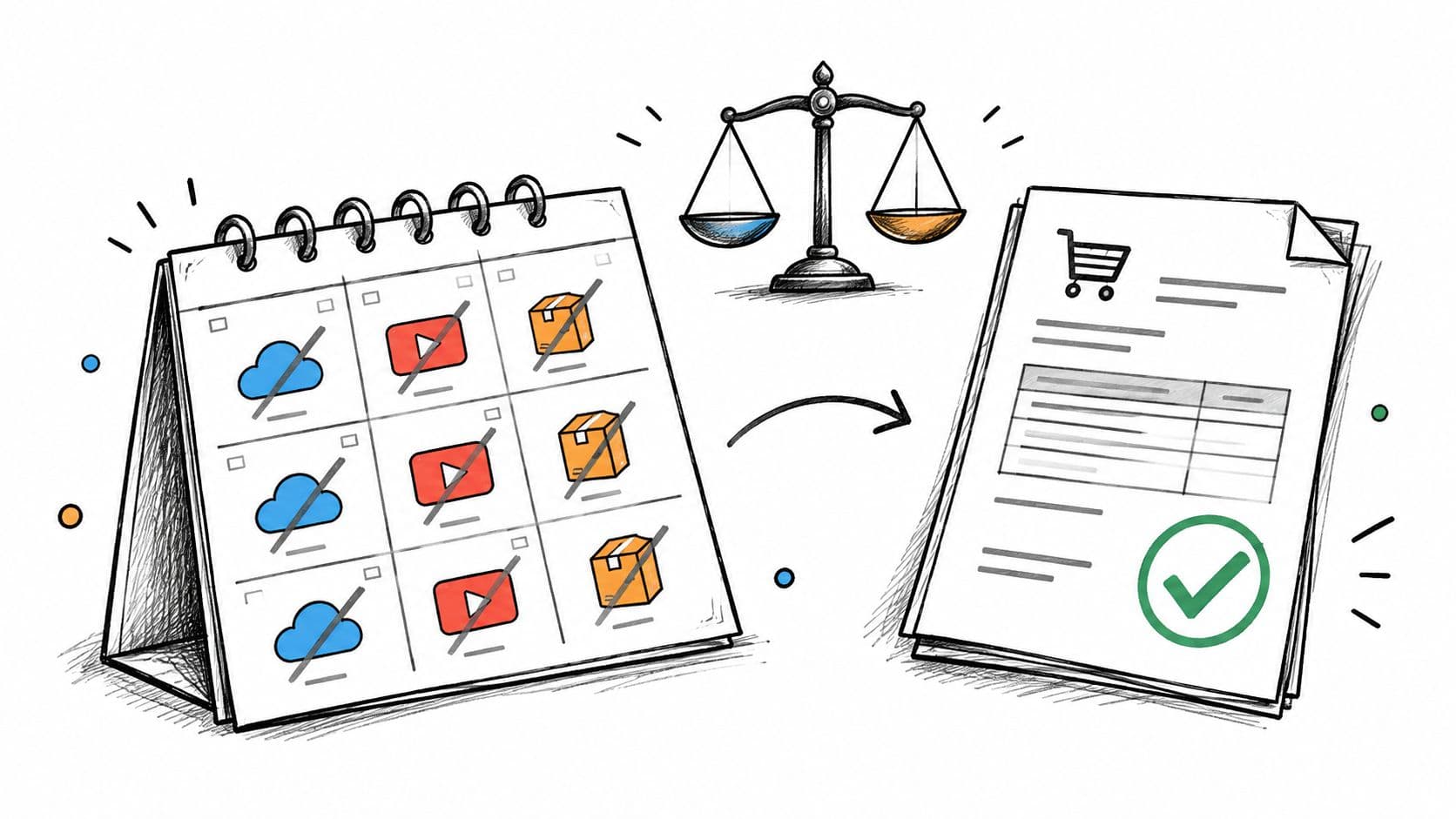 A hand-drawn illustration showing a calendar with tasks leading to a finalized purchase order document.