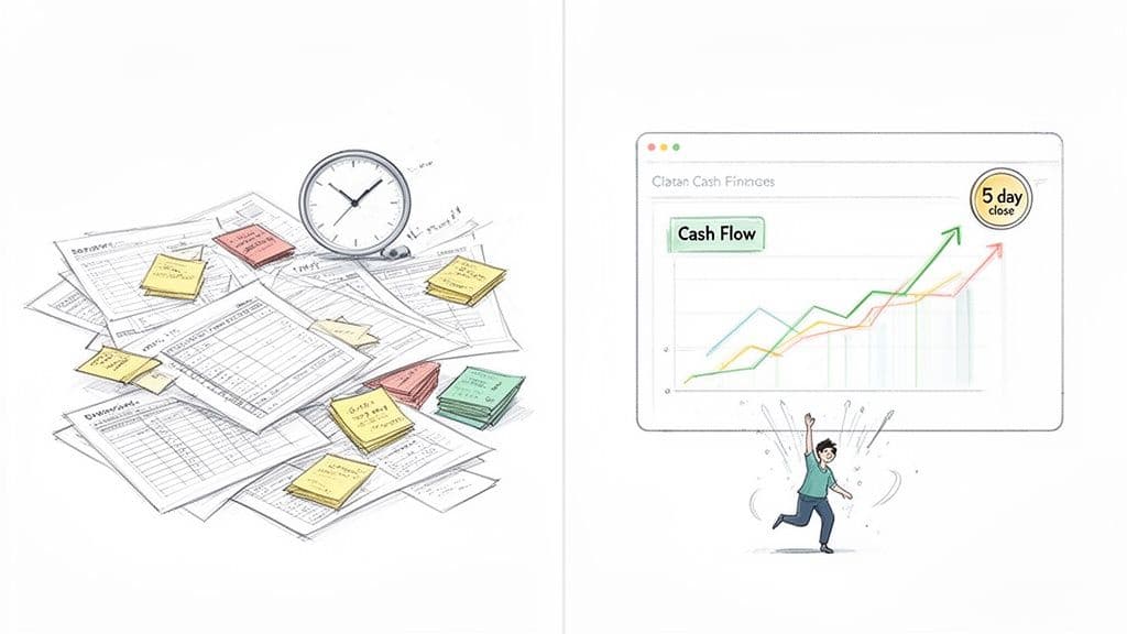 A busy desk with messy papers and a clock contrasts with a digital cash flow graph and a happy, celebrating person.