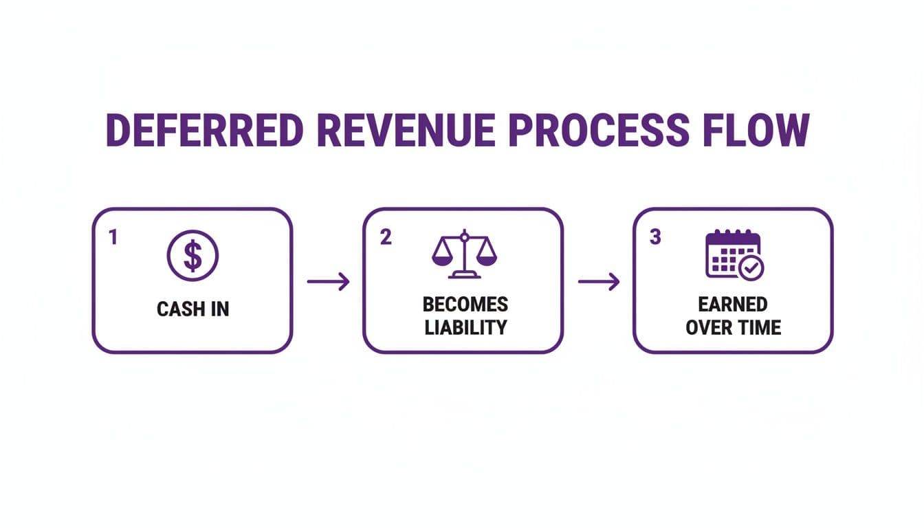 Deferred revenue process flow diagram illustrating cash inflow, becoming a liability, and being earned over time.