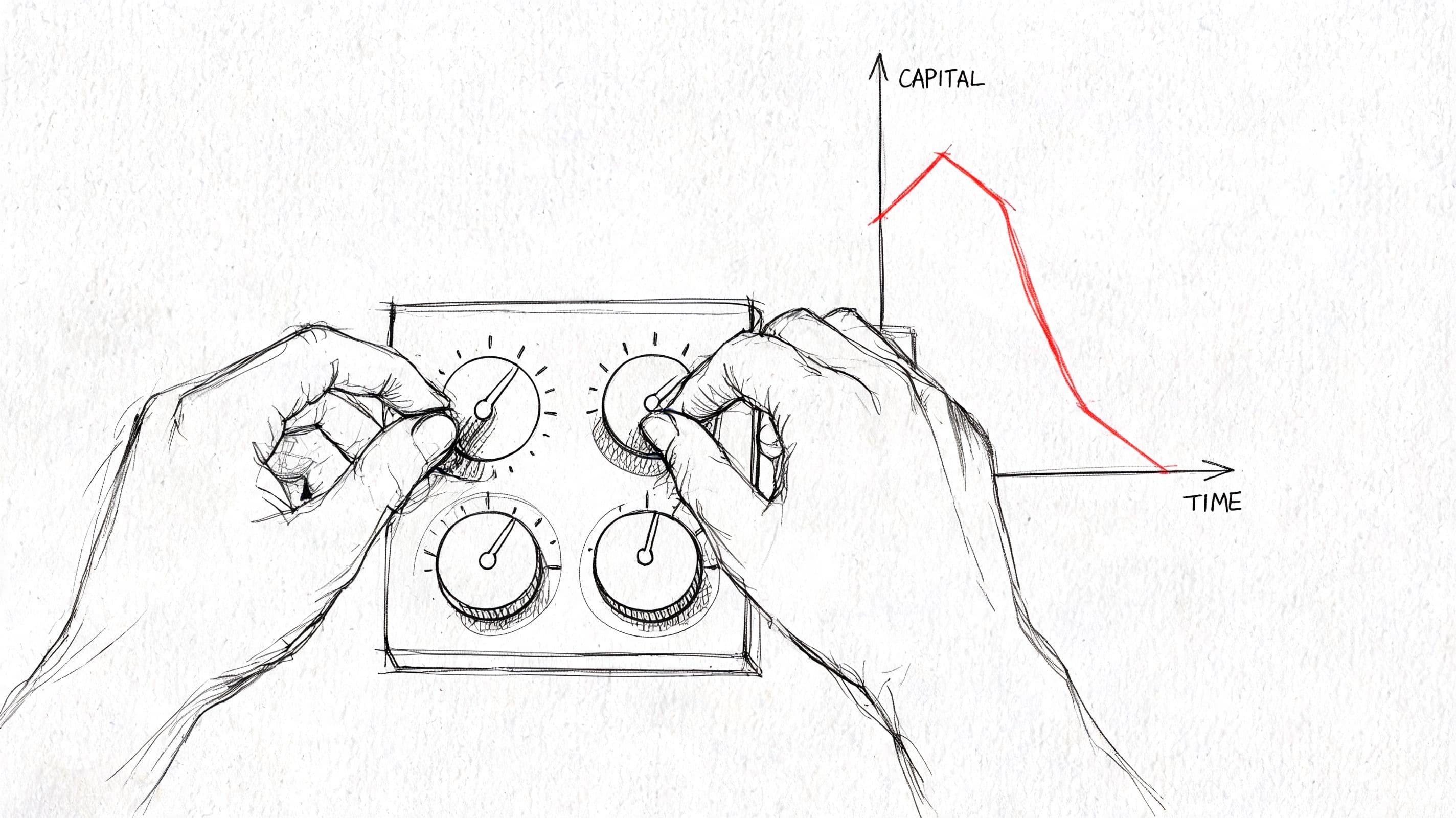 A hand-drawn sketch of a person adjusting knobs on a device with a declining capital chart.