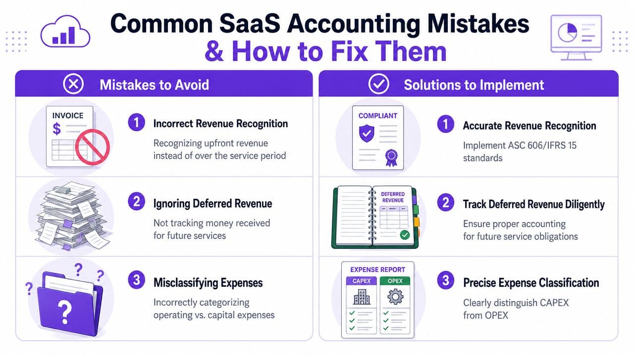 A visual guide outlining three common SaaS accounting mistakes and their corresponding professional solutions for businesses.