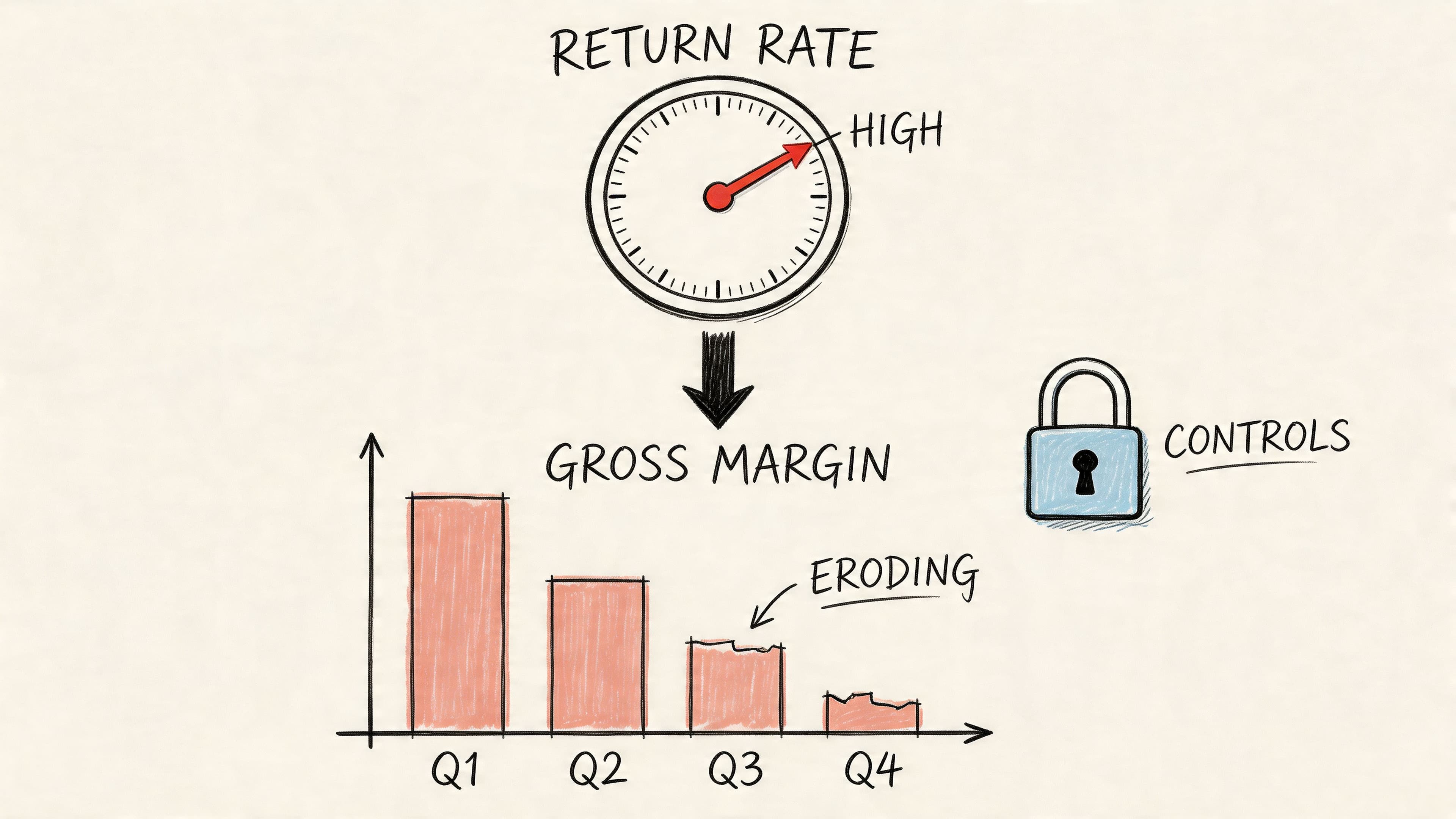 A conceptual diagram showing a high return rate causing a decline in gross margins and requiring controls.