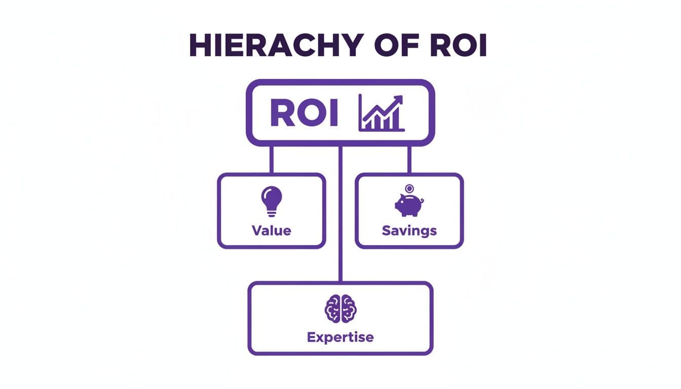 A diagram titled 'Hierarchy of ROI' illustrating ROI connected to Value, Savings, and Expertise.