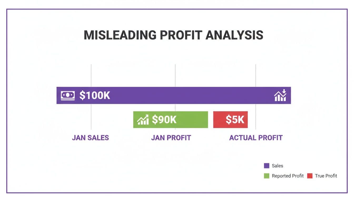 Bar chart showing a misleading profit analysis with $100K sales, $90K reported profit, and $5K actual profit.