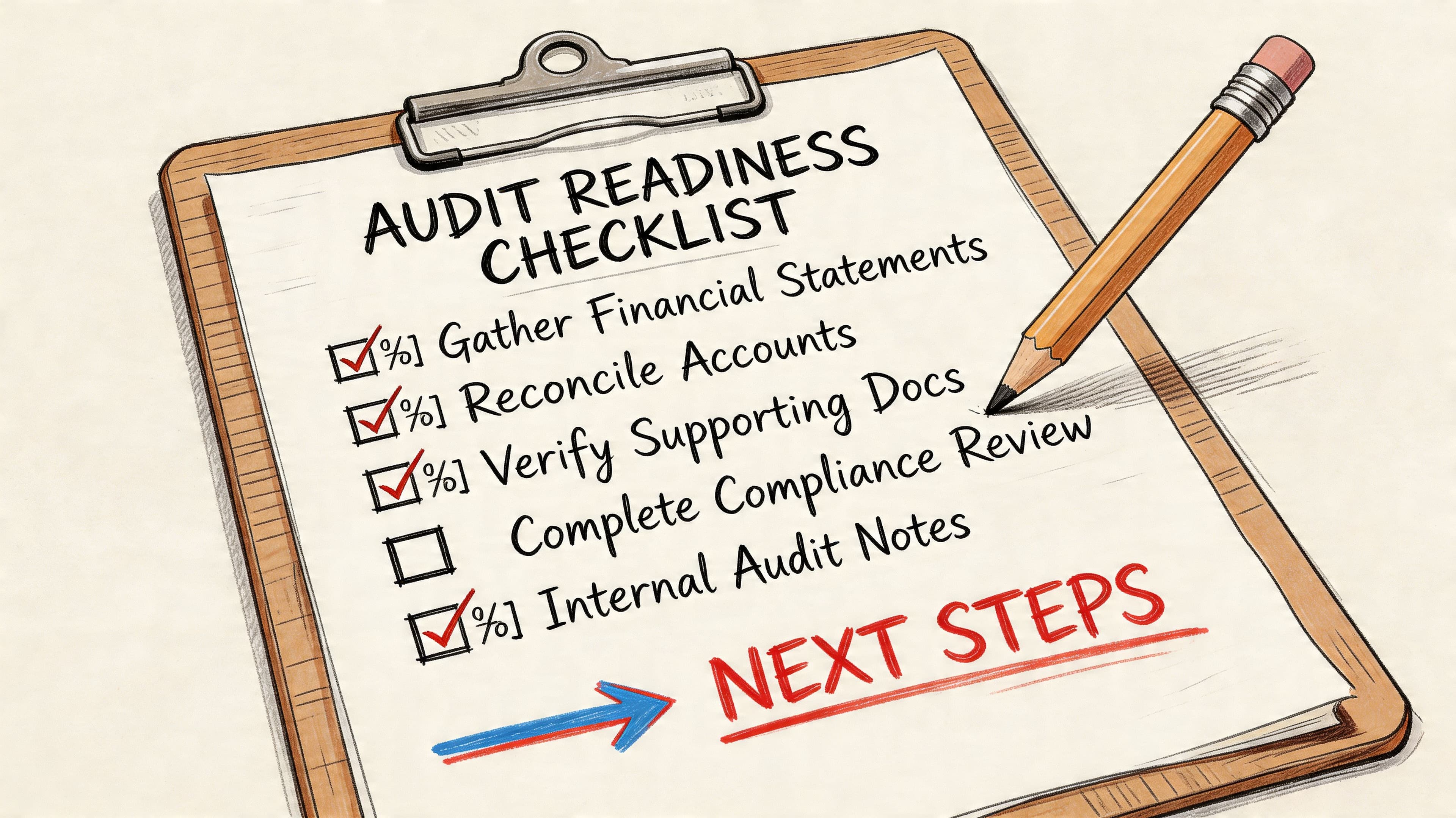A clipboard with an audit readiness checklist with several tasks marked as complete with a pencil.