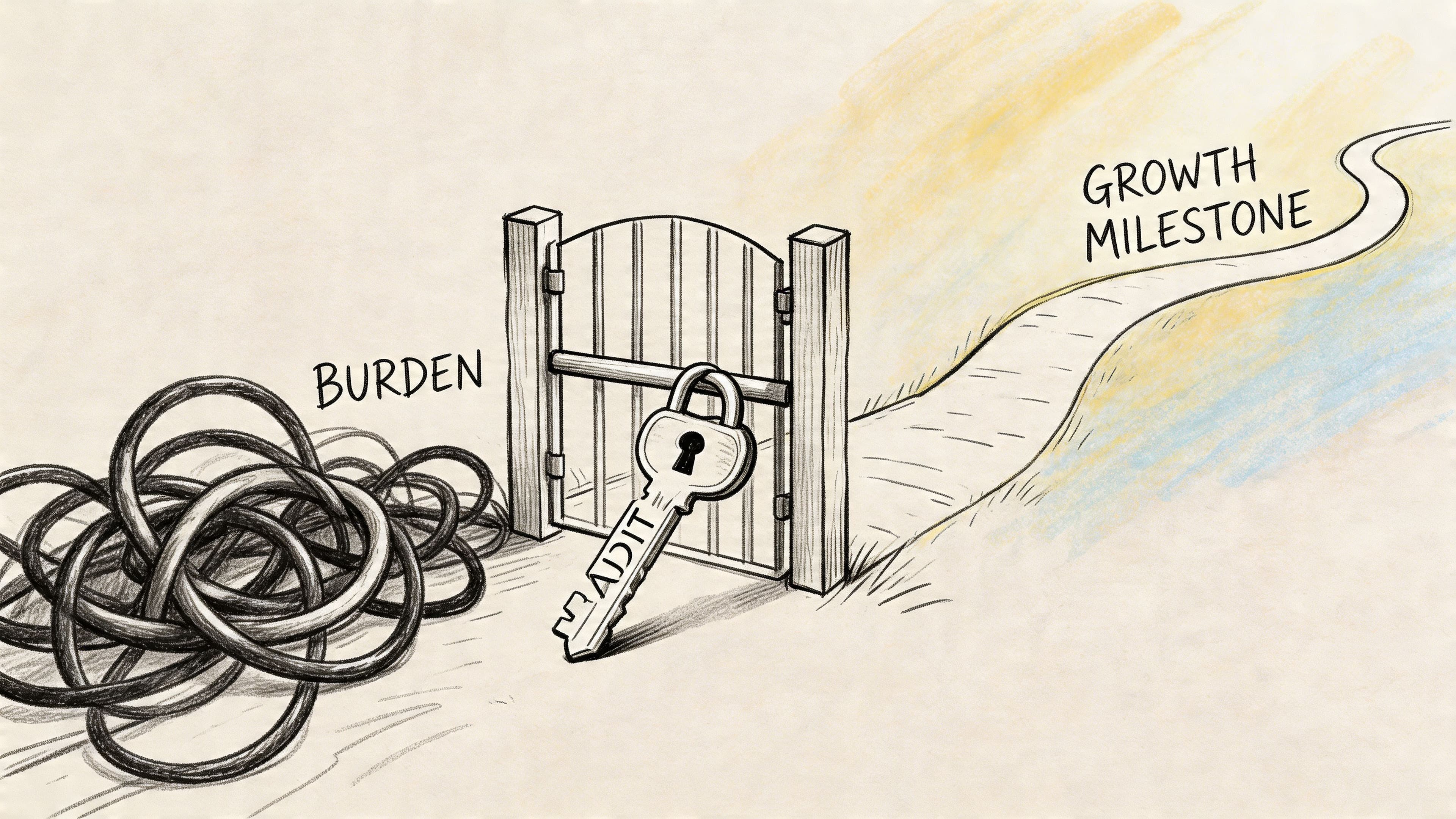 A conceptual illustration of a key labeled audit unlocking a gate to a path named growth milestone.