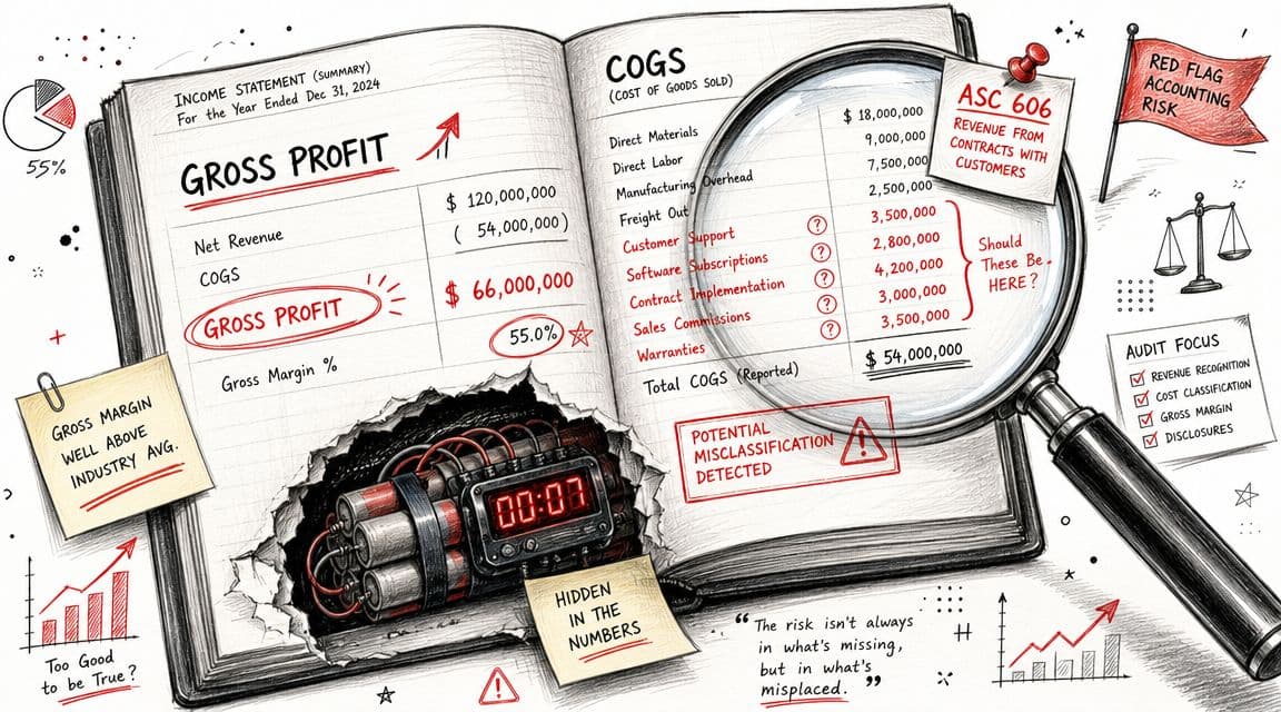 A magnifying glass inspecting financial documents revealing potential misclassification of COGS and accounting red flags.