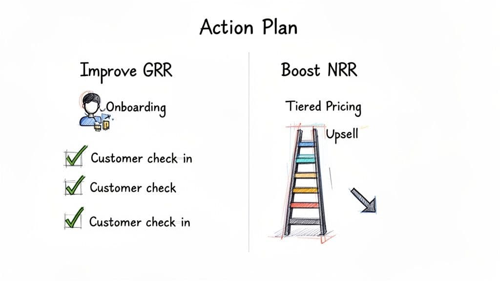 An action plan outlining strategies to improve GRR with onboarding and customer check-ins, and boost NRR through tiered pricing and upsell.