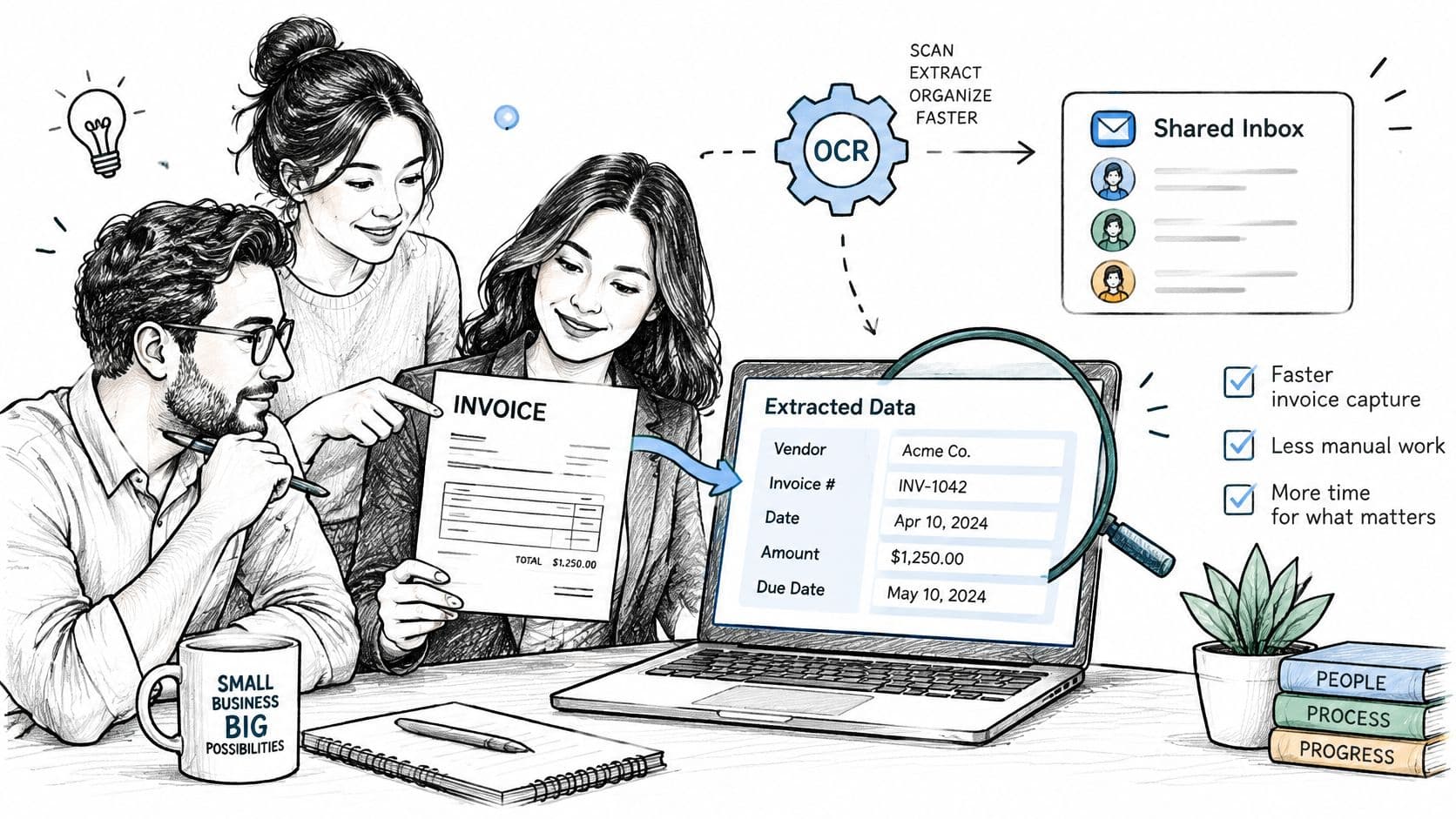A professional team reviewing invoice data using OCR technology to automate financial processes on a laptop.