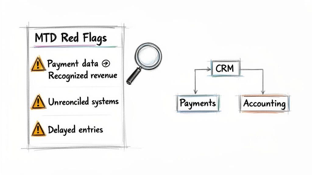 Diagram showing MTD red flags for payment data, unreconciled systems, delayed entries, and a CRM to accounting flowchart.