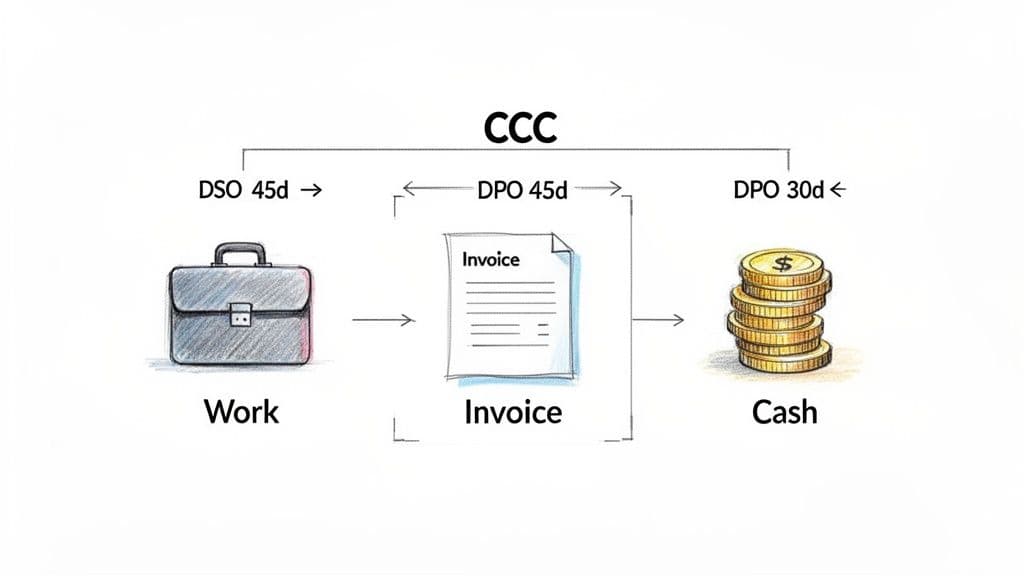Diagram illustrating the Cash Conversion Cycle (CCC) from work to invoice to cash with DSO and DPO metrics.