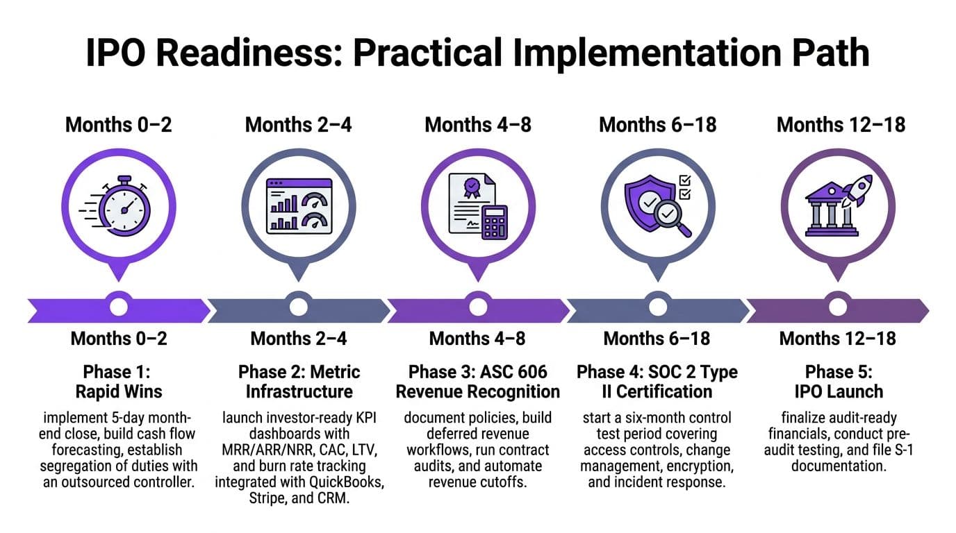 A five-phase practical implementation roadmap for IPO readiness, detailing key accounting and compliance milestones from start to finish.