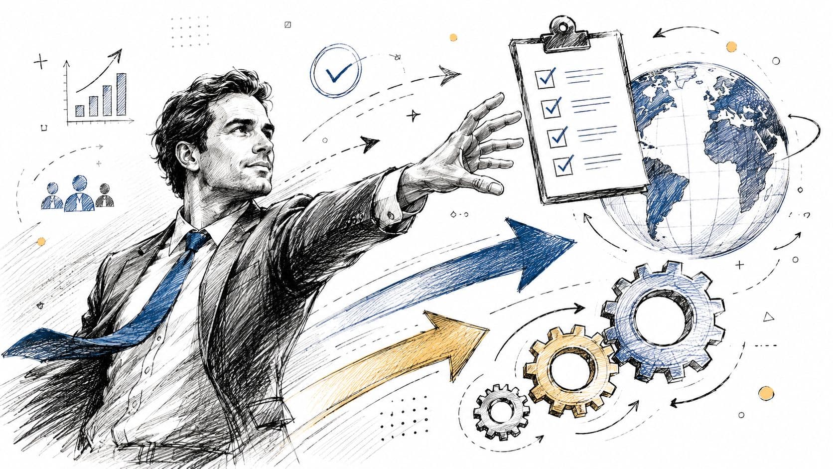 A professional businessman gesturing towards a checklist and globe, symbolizing global business management and strategic planning.