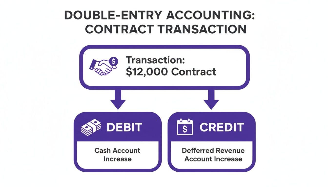Diagram illustrating double-entry accounting for a $12,000 contract: debit cash, credit deferred revenue.
