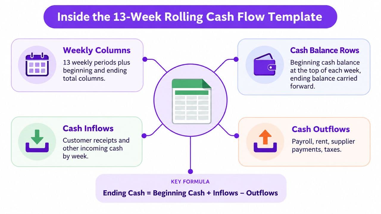 A diagram outlining the components of a 13-week rolling cash flow template including balance and formula.