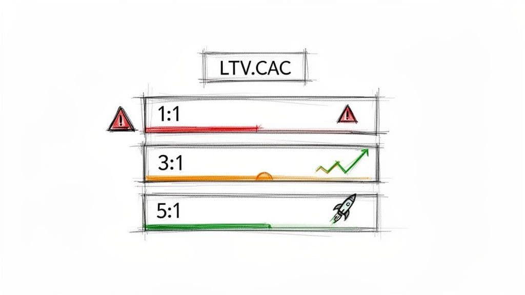 LTV:CAC ratio illustration showing performance levels. 1:1 in red indicates warning, 3:1 orange shows growth, and 5:1 green indicates excellent performance with a rocket.