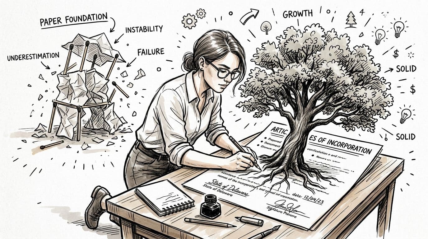 A woman sketching a growing tree from legal documents titled Articles of Incorporation on a wooden desk.