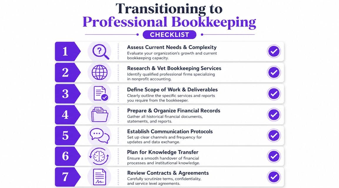 A seven-step professional bookkeeping transition checklist designed for nonprofit organizations to ensure smooth financial process management.