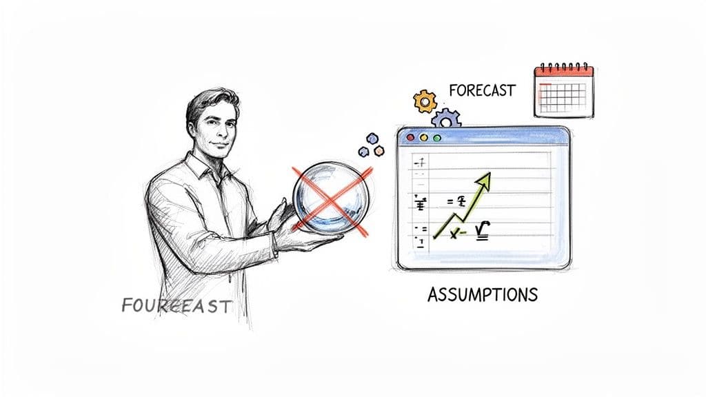 A man holding a crossed-out crystal ball next to a screen showing data-driven forecasting and assumptions.