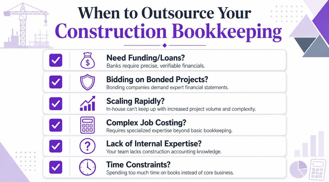A checklist infographic titled When to Outsource Your Construction Bookkeeping, highlighting reasons to hire external financial experts.