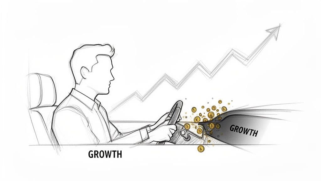Sketch of a person driving, generating coins, with an upward growth chart, symbolizing financial progress.