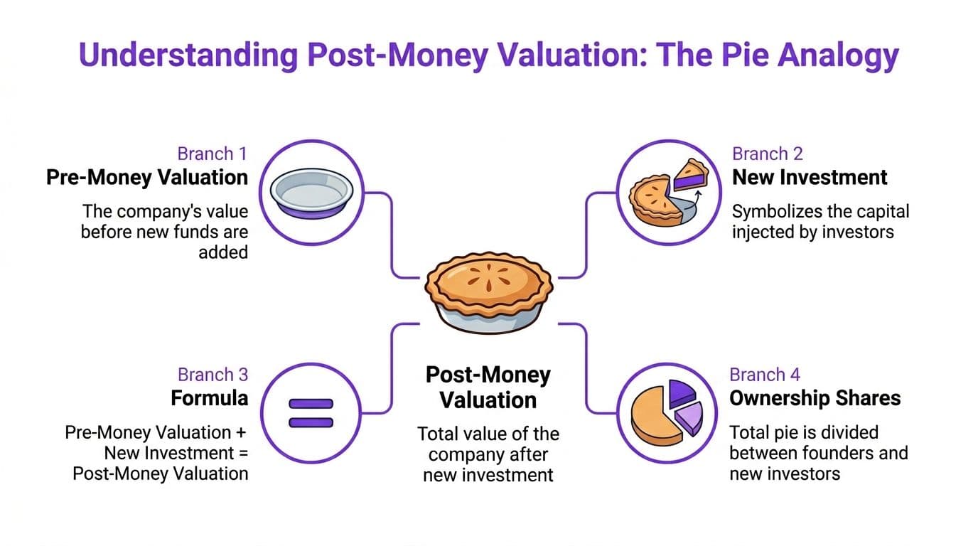 A diagram explaining post-money valuation using a pie analogy to illustrate company ownership and investment capital.