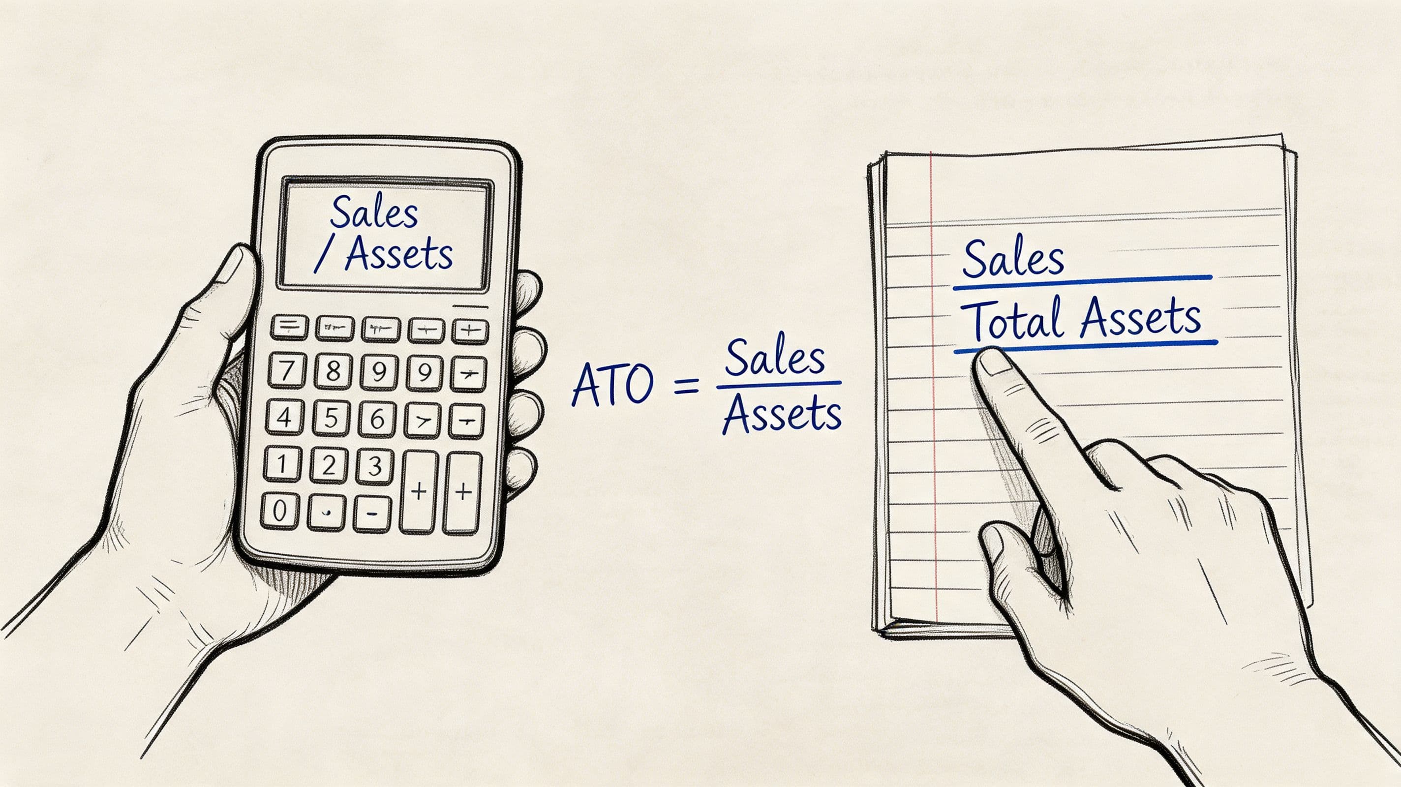 A hand-drawn illustration showing the formula for asset turnover as Sales divided by Total Assets.