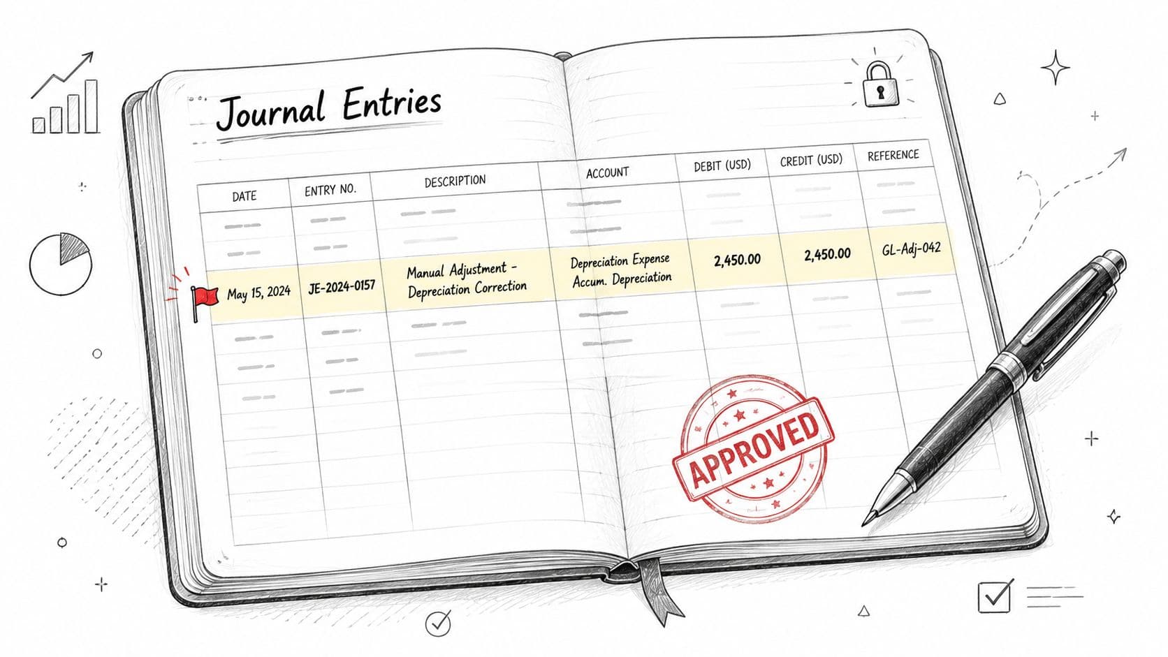 A hand-drawn illustration of an open journal containing a highlighted accounting journal entry titled Approved.
