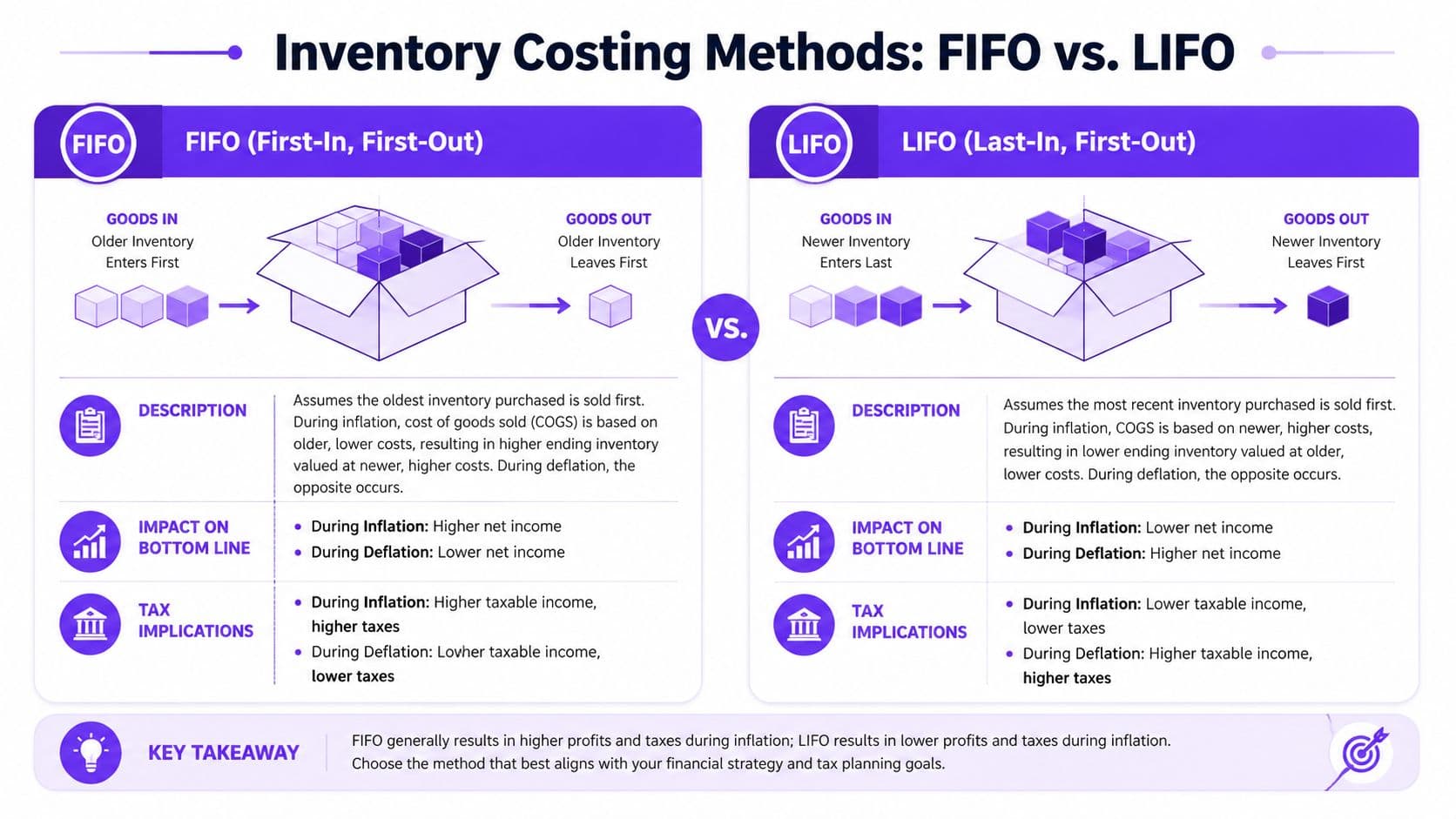 A comparison infographic explaining the differences between FIFO and LIFO inventory costing methods in business accounting.