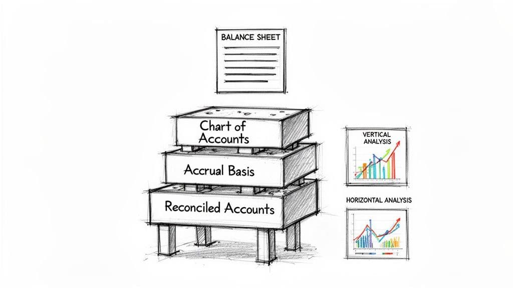 Diagram illustrating accounting foundations for balance sheet creation and analysis, covering reconciliation, accrual, and financial analysis.