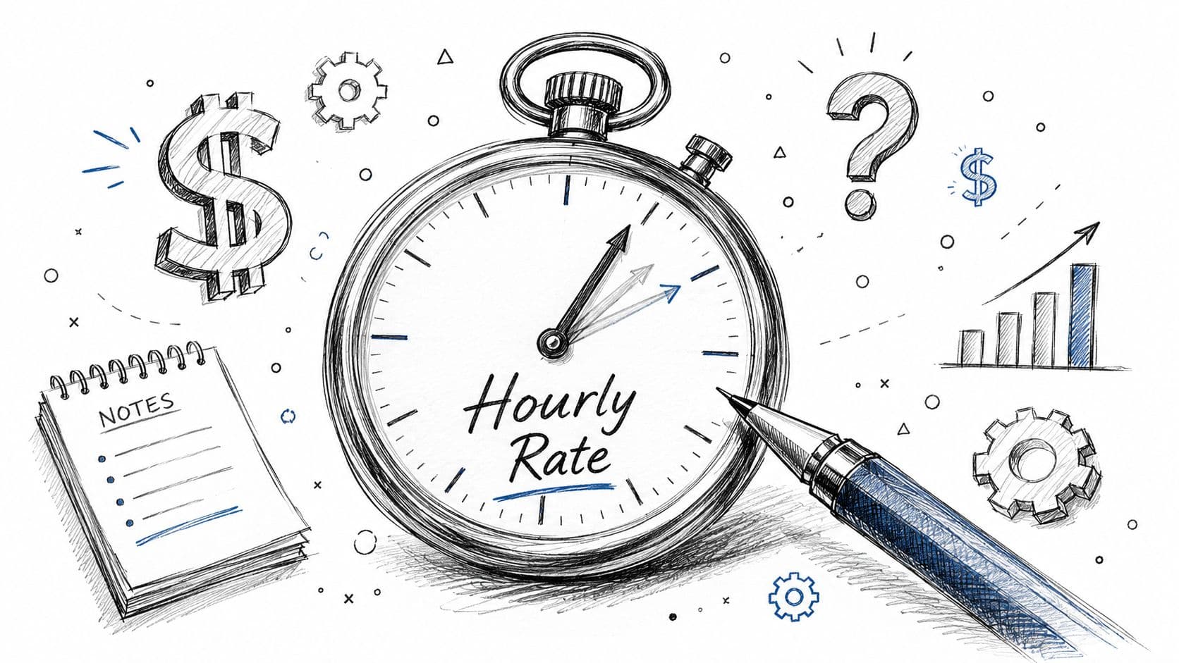 A pencil sketch of a stopwatch with the words Hourly Rate, surrounded by business symbols and icons.