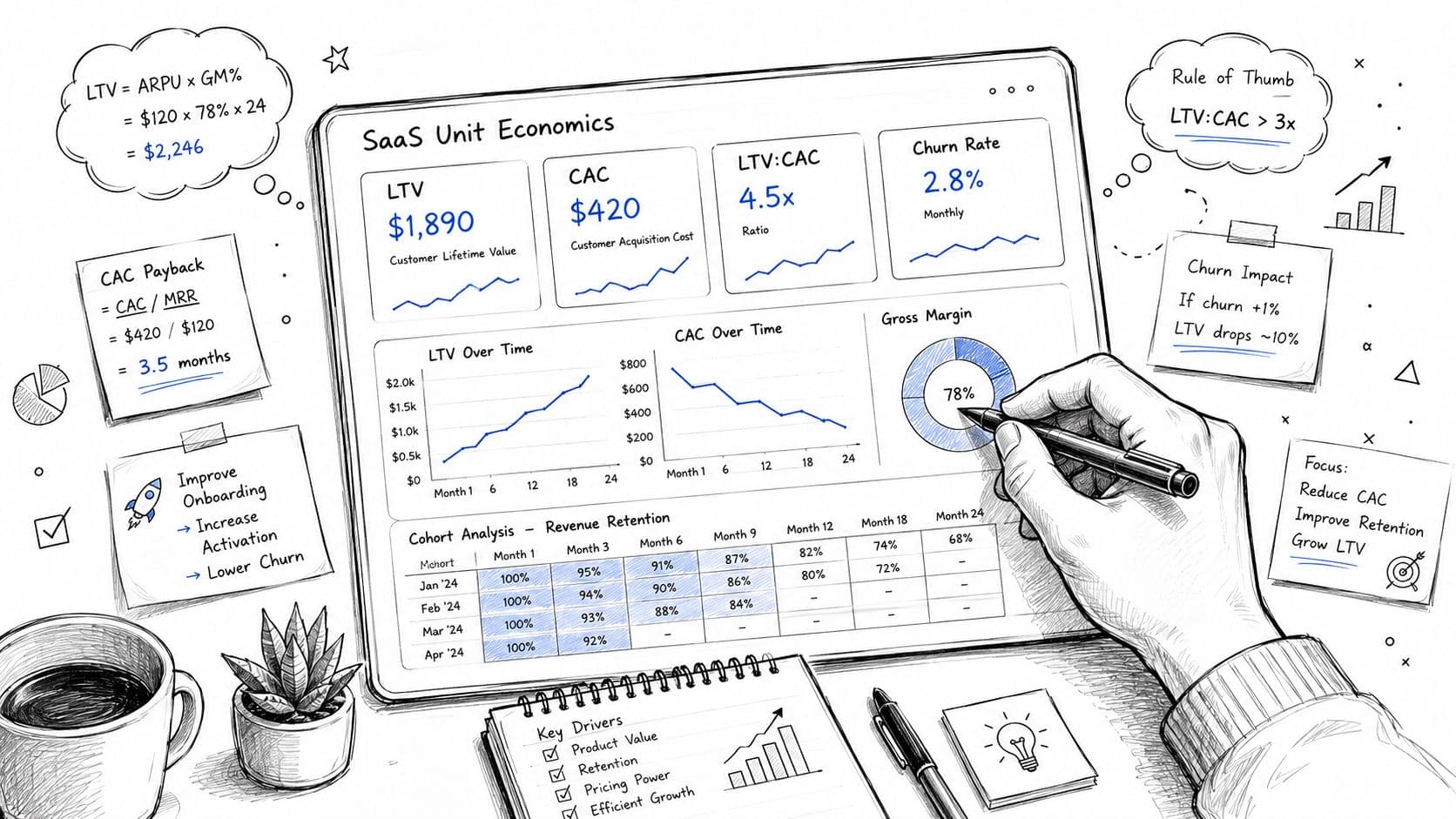 A hand drawing a dashboard on a screen detailing SaaS unit economics with charts and metrics.