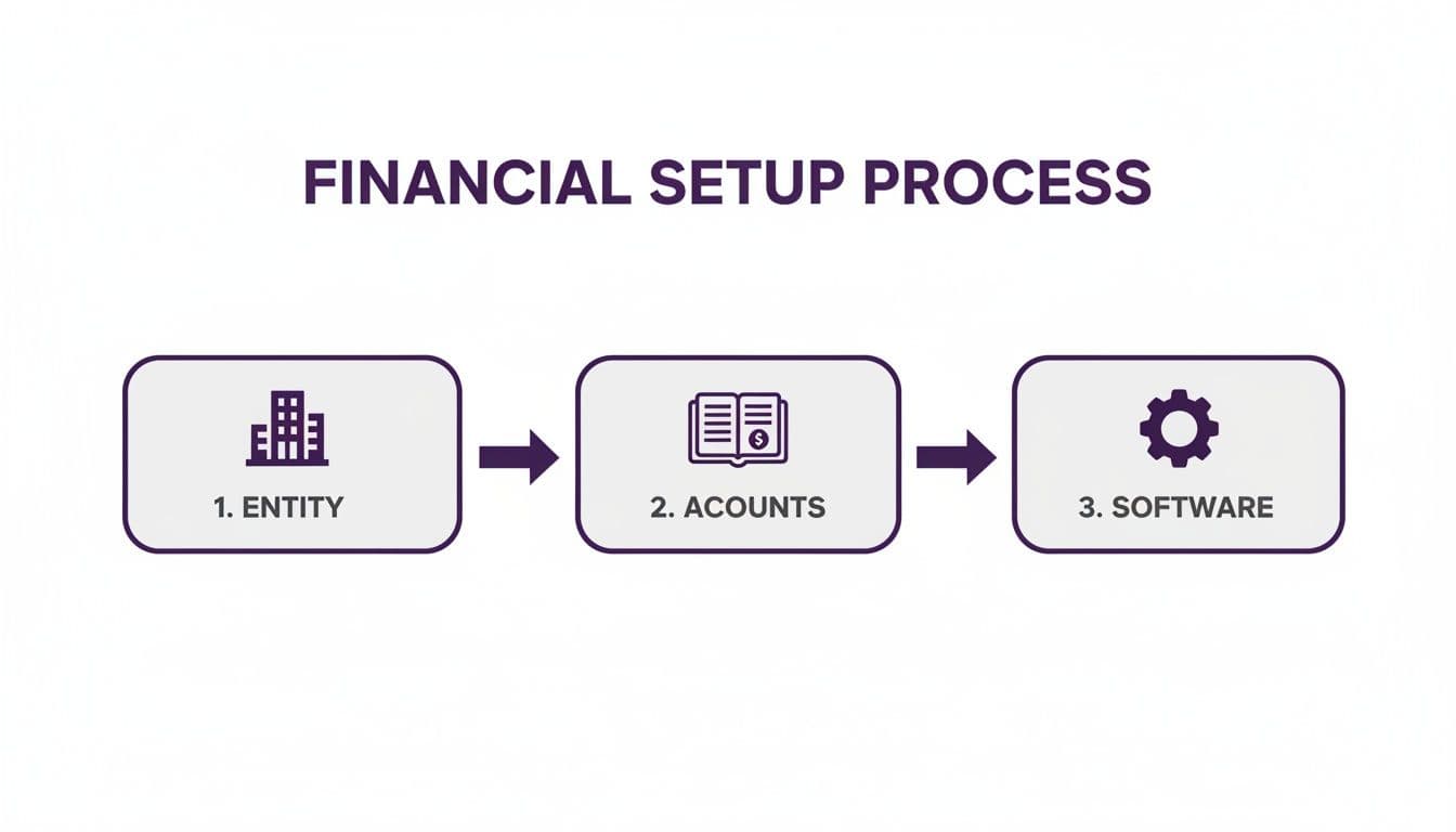 A financial setup process flowchart showing three key steps: Entity, Accounts, and Software.