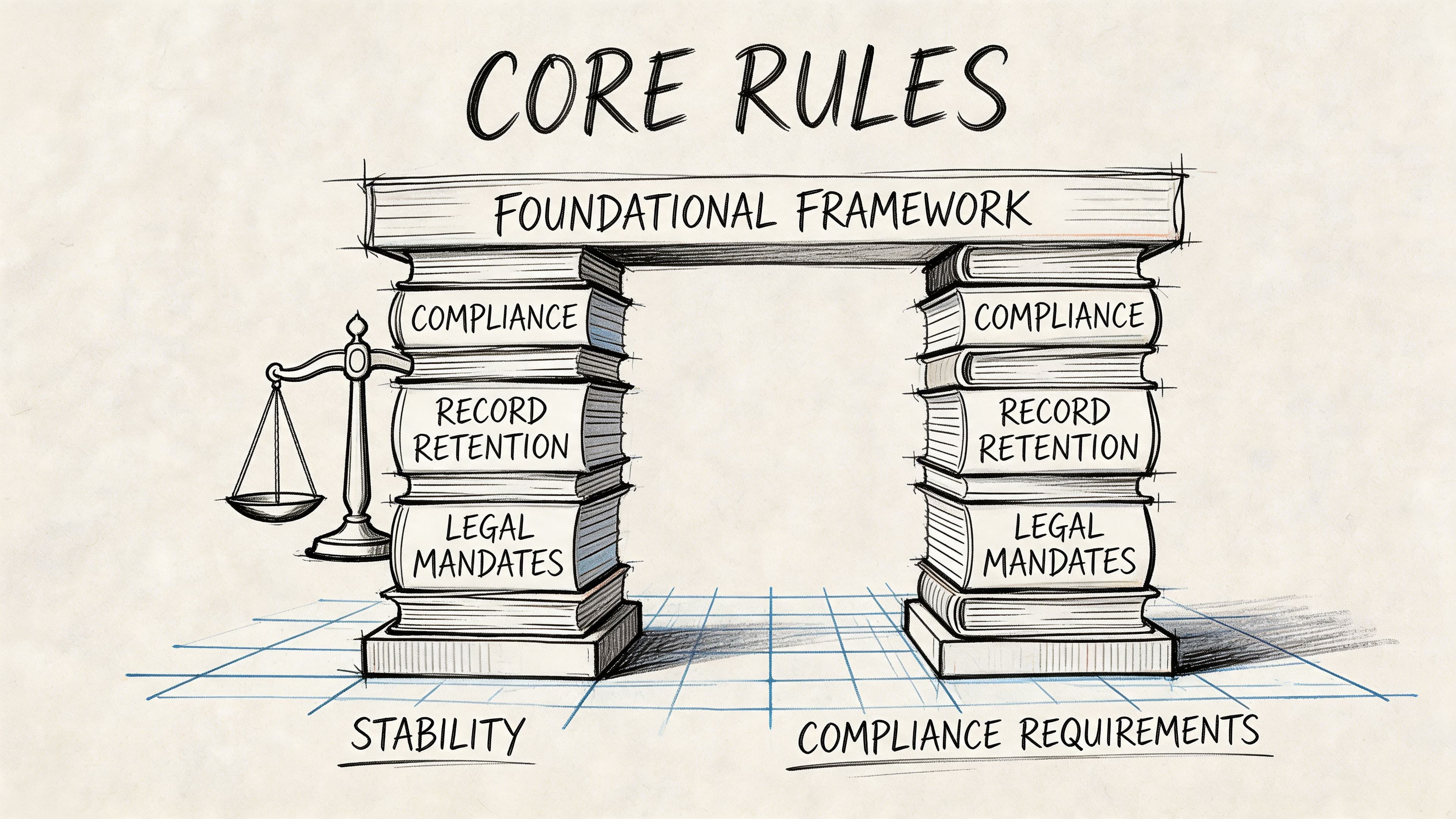 A diagram of pillars made of books labeled Compliance, Record Retention, and Legal Mandates under a frame.