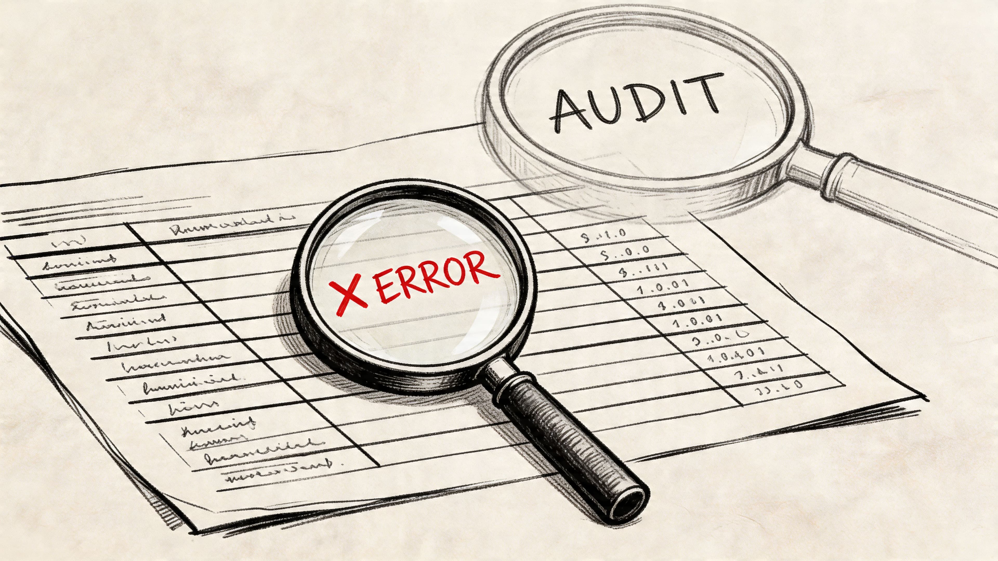 A magnifying glass focusing on an error sign over a spreadsheet document representing financial auditing processes.