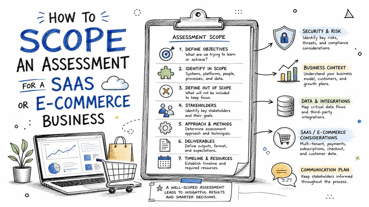 An infographic outlining the seven steps to scope an assessment for SaaS or e-commerce businesses effectively.