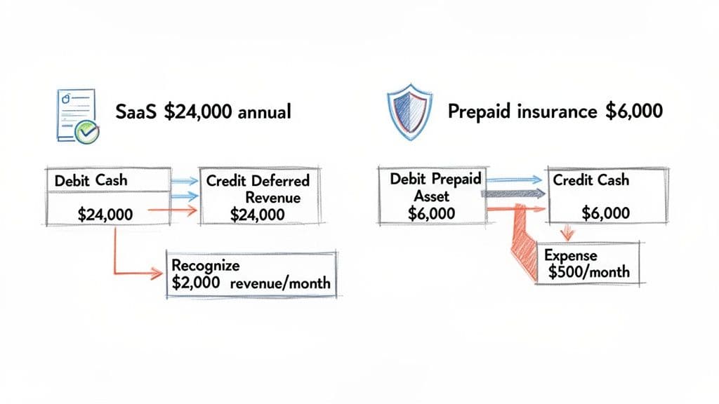 Accrual accounting examples illustrating SaaS revenue recognition and prepaid insurance expense accounting.