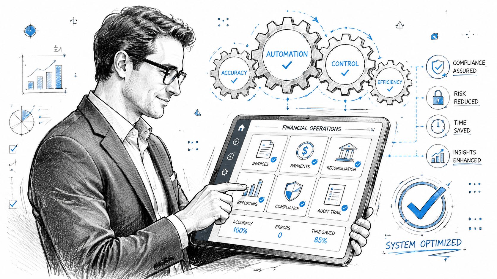 A professional man using a tablet to manage automated financial operations and business reporting processes.