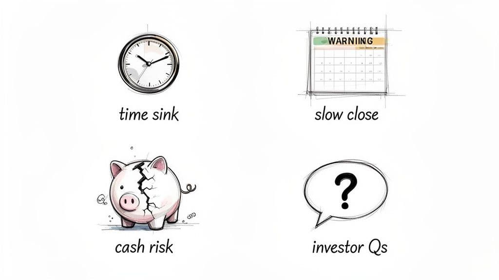 Four illustrations depicting business challenges: a clock for time sink, a calendar for slow close, a broken piggy bank for cash risk, and a question mark speech bubble for investor questions.