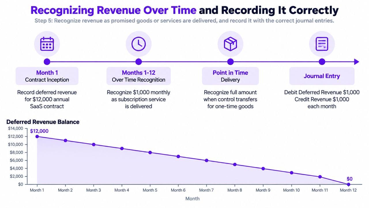 A chart illustrating revenue recognition steps over time, showing a twelve-month deferred revenue balance decrease.
