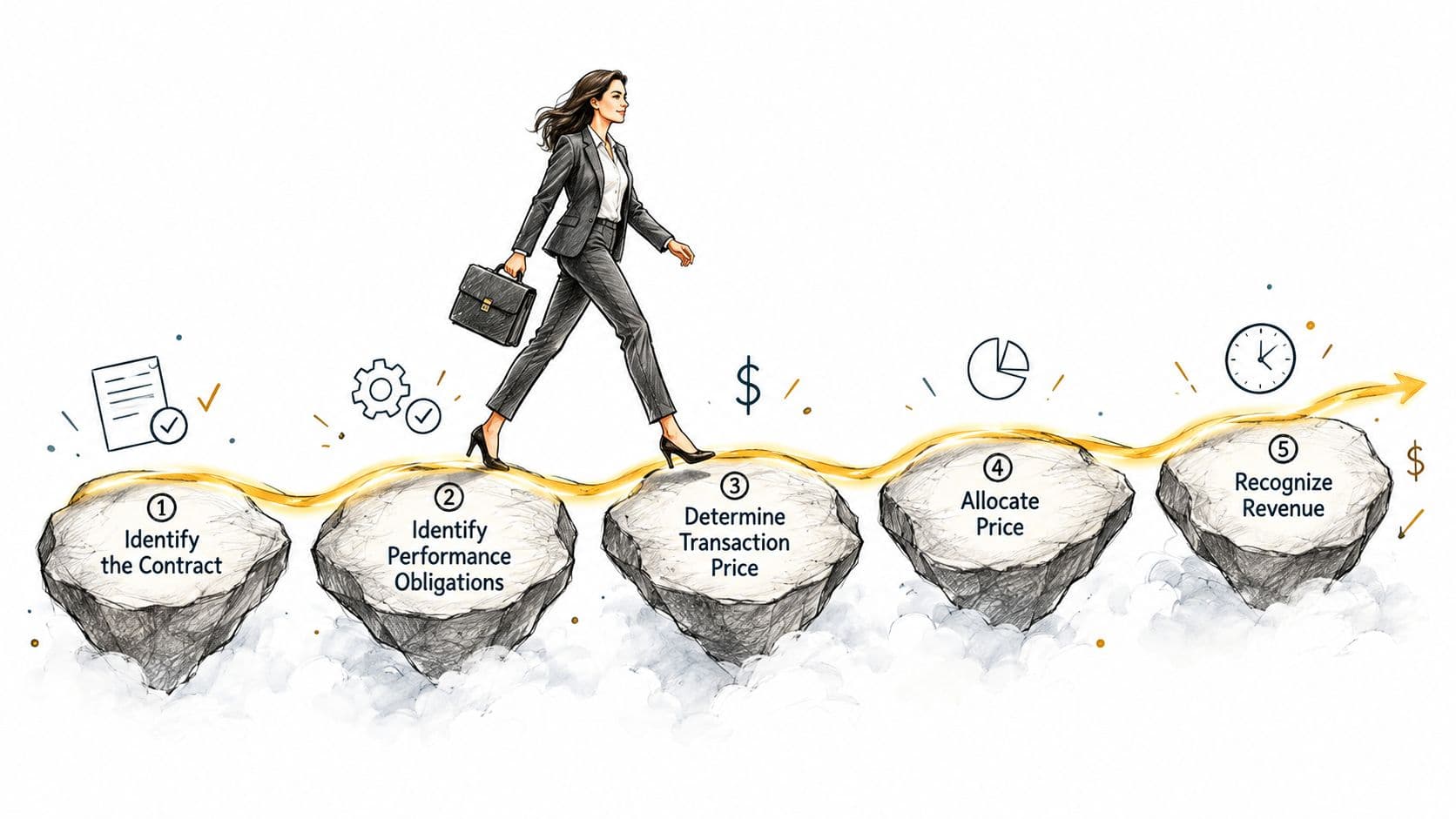 A professional woman walking across five floating stone steps illustrating the five-step revenue recognition model.