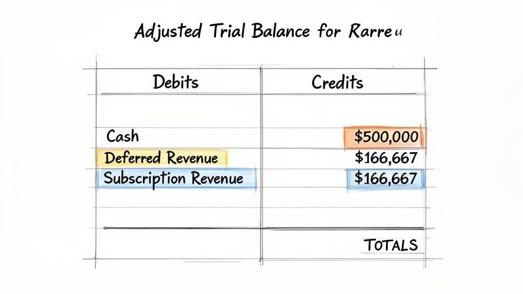 An adjusted trial balance table for Rarre u, listing Cash, Deferred Revenue, and Subscription Revenue.