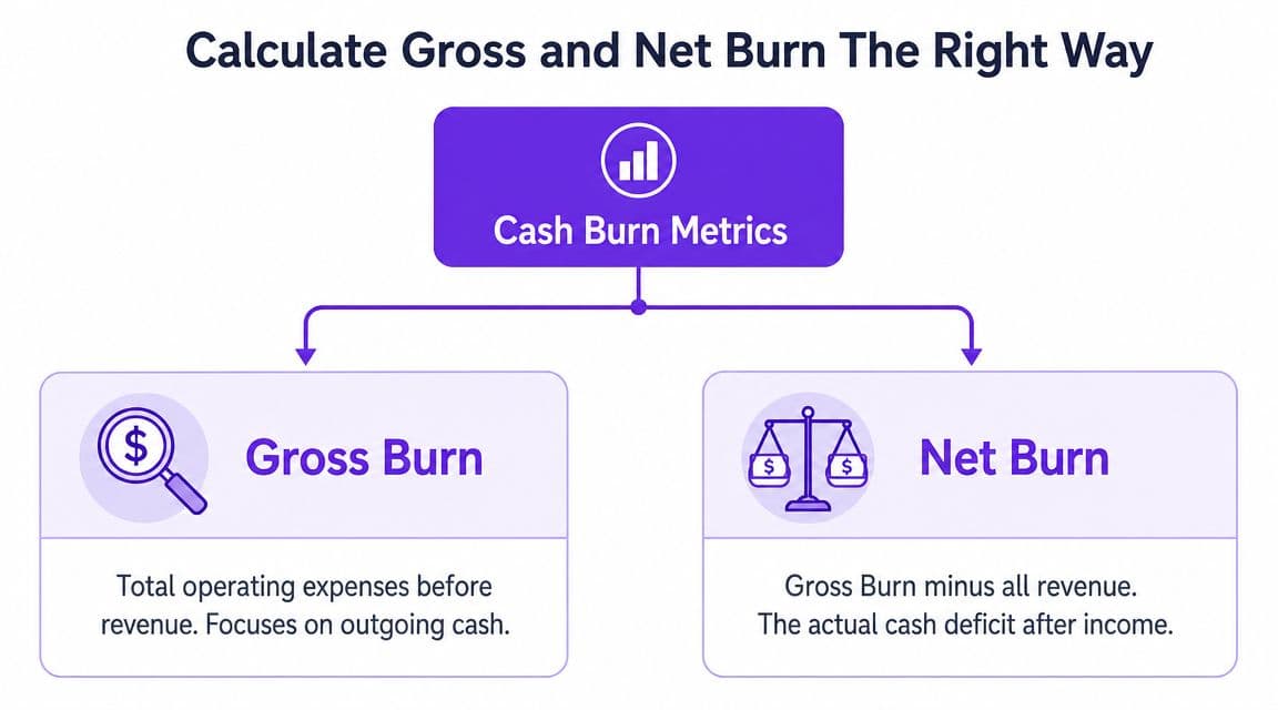 A diagram illustrating the concepts of Gross Burn and Net Burn metrics for business financial analysis.
